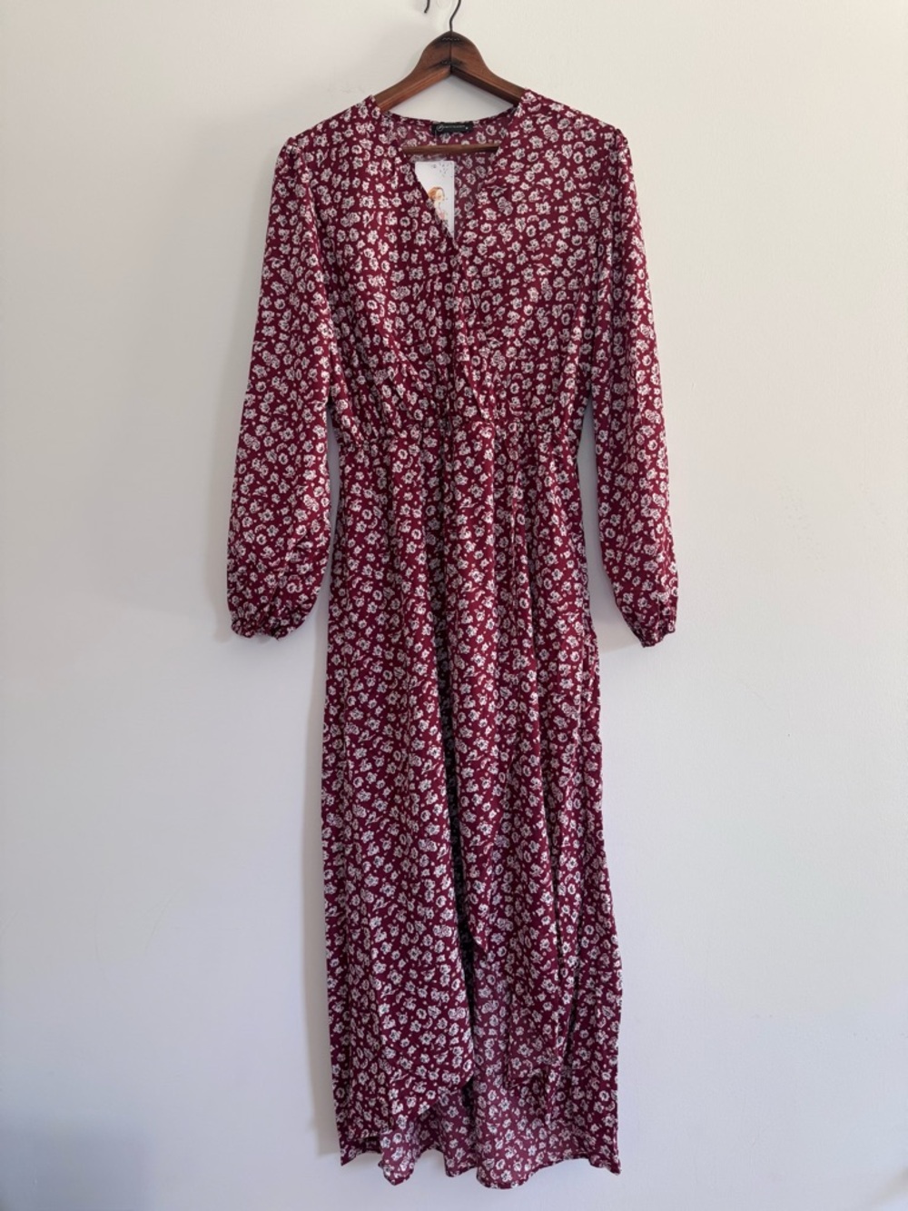 Women's Long Sleeve Floral Maxi Dress - Burgundy